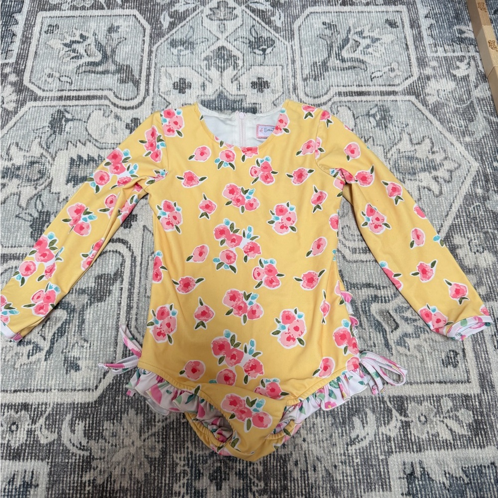 SweetHoney Yellow Floral Long Sleeve Swimsuit with Pink Accents